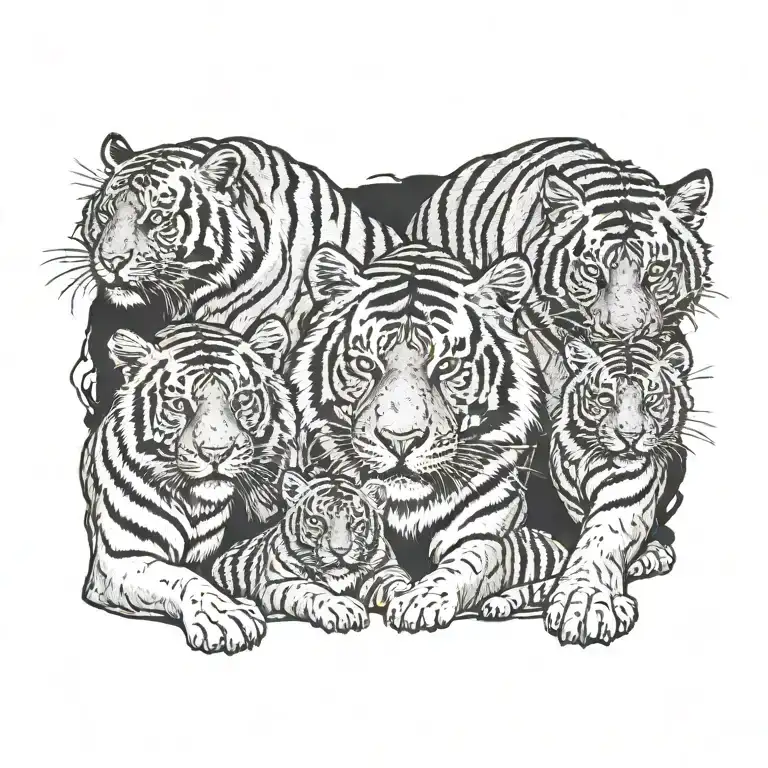 Male tiger next to female tiger with 3 small tiger cubs below tattoo design idea