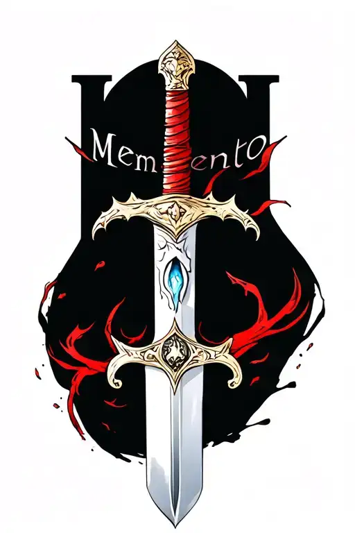 Lucifer's tear with sword and the word Memento died tattoo design idea