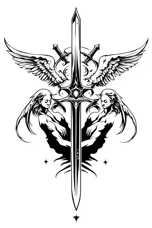 neo tribal with angels and sword on hand tattoo design idea