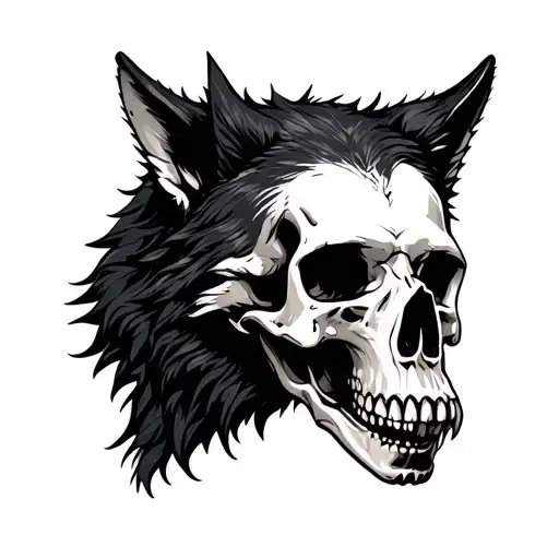 black wolf biting skull tattoo design idea