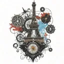 steampunk, world map, eiffel tower, kalifa tower dubai, compass, clock tattoo design idea