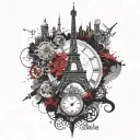 steampunk, world map, eiffel tower, kalifa tower dubai, compass, clock tattoo design idea