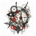 steampunk, world map, eiffel tower, kalifa tower dubai, compass, clock tattoo design idea