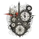 steampunk, world map, eiffel tower, kalifa tower dubai, compass, clock tattoo design idea
