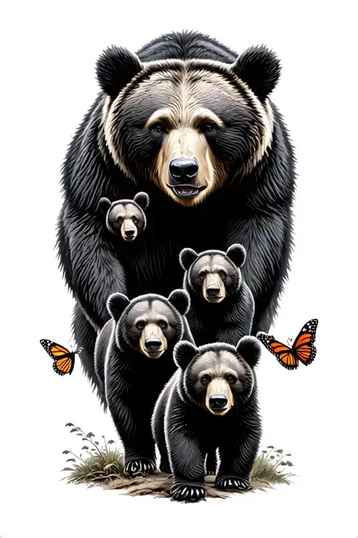 Papa bear and 3 black bear cubs and 2 monarch butterfly walking in the wilderness trees tattoo design idea