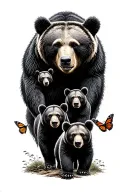 Papa bear and 3 black bear cubs and 2 monarch butterfly walking in the wilderness trees tattoo design idea