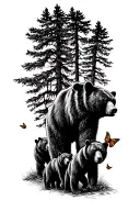 Papa bear and 3 black bear cubs and 2 monarch butterfly walking in the wilderness trees tattoo design idea