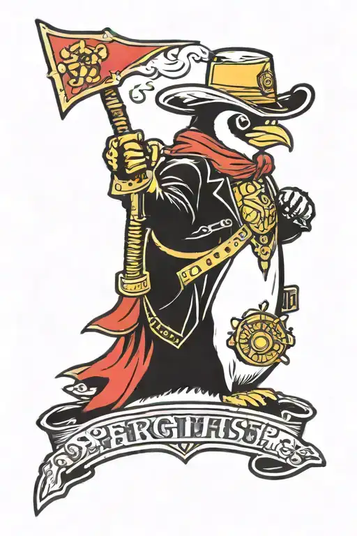 penguin cowboy with a firefighter helmet shield tattoo design idea