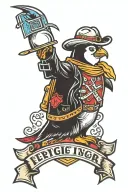 penguin cowboy with a firefighter helmet shield tattoo design idea