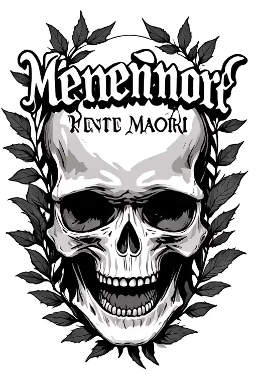 skull mouth open memento mori text with leaves around it tattoo design idea