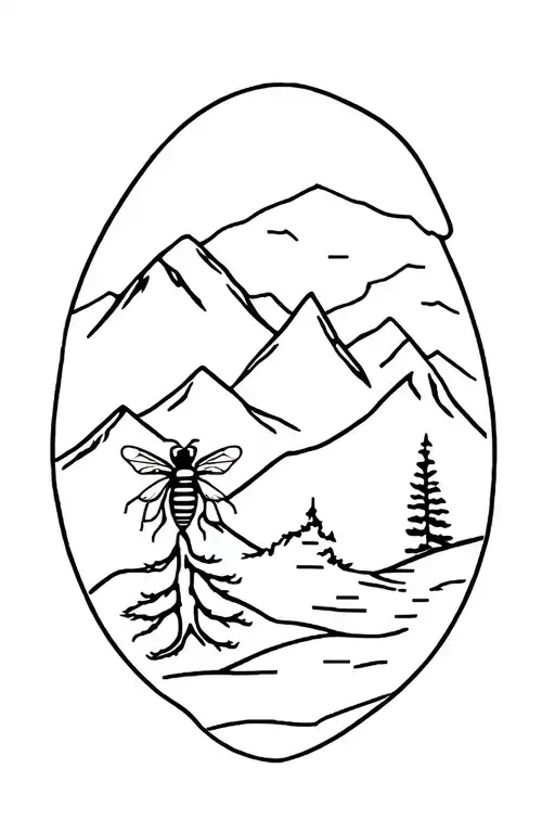 Bear and honey bee with Colorado mountains and Vermont sugar maple tree tattoo design idea