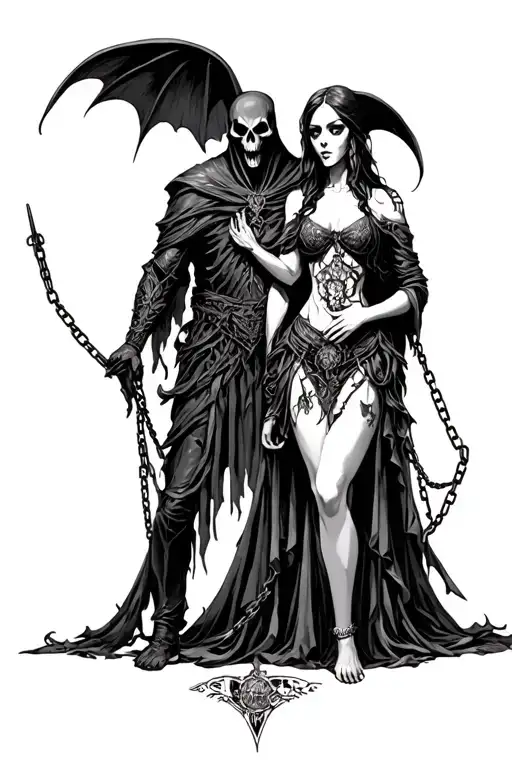 male reaper and gothic female slave chains ancestor tattoo design idea