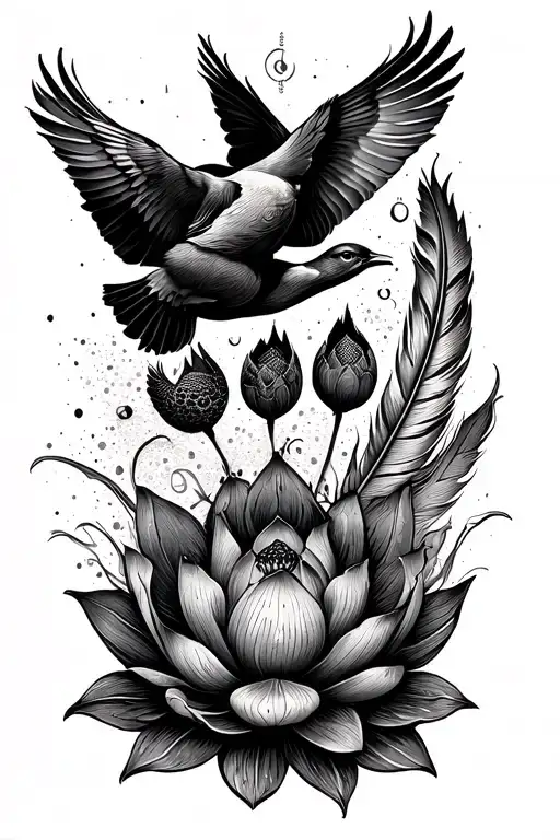 dog's paw, feather, 3 birds flying, cancer astrology sign, lotus flower tattoo design idea