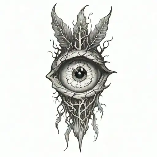 a crazy eye looks out from behind the roots tattoo design idea