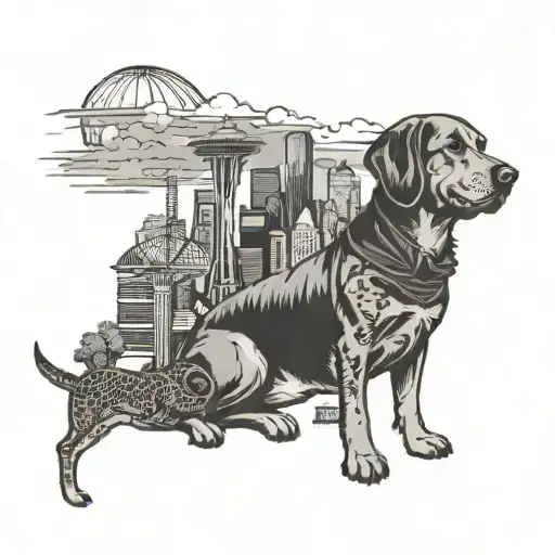 A comedic tattoo of a Seattle skyline with your dogs dressed as iconic Seattle landmarks tattoo design idea