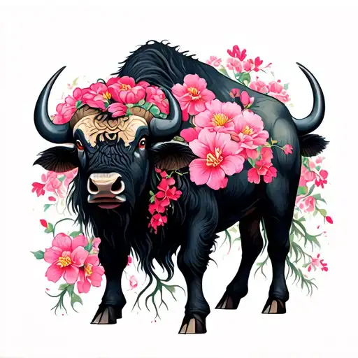  pink and fuchsia Asian buffalo with pink flowers growing roots tattoo design idea