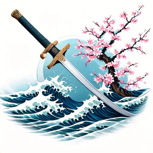 samurai sword with waves and cherry blossoms tattoo design idea