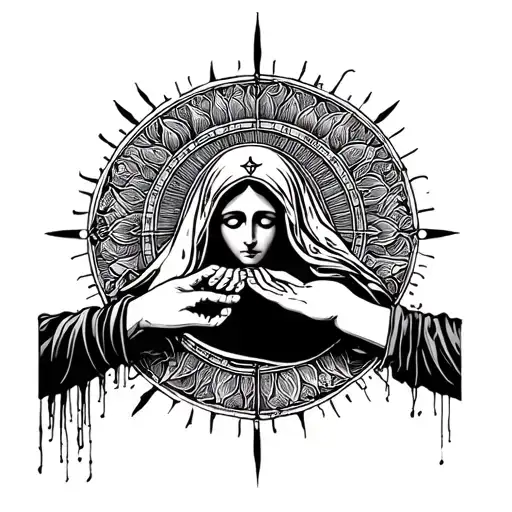 mother Mary and Ahura Mazda holding hands reaching tattoo design idea
