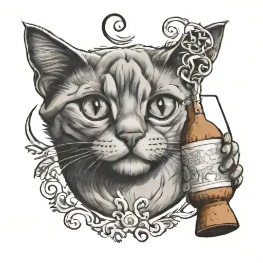 A tattoo design of a cat playing with a wine cork, combining your passions for cats and wine in a playful way tattoo design idea