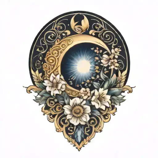 crescent moon, floral, symmetrical, art deco tattoo design idea
