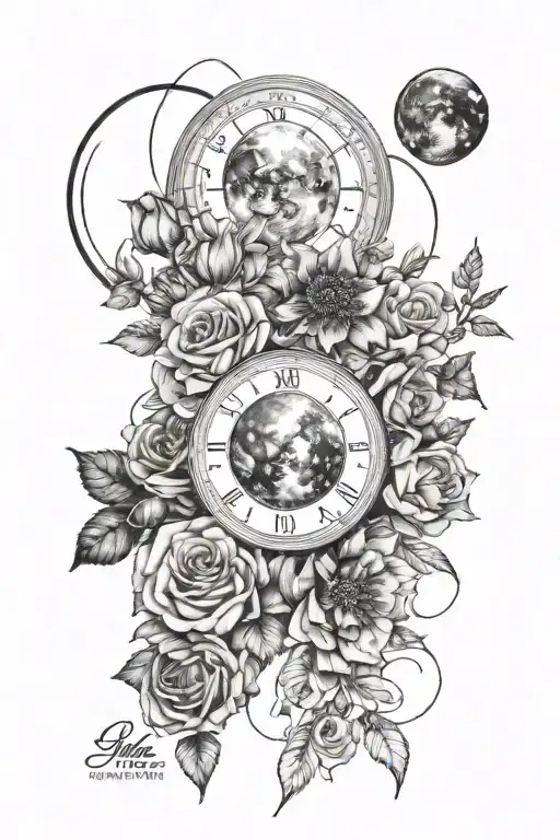 a shoulder and arm tattoo with 5 moon phases, the moon in the middle, with the flowers cosmo, aster, rose and poppy  tattoo design idea