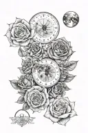 a shoulder and arm tattoo with 5 moon phases, the moon in the middle, with the flowers cosmo, aster, rose and poppy  tattoo design idea