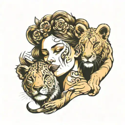 woman on her head a lioness and a lion cub tattoo design idea