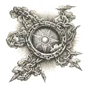 heavenly power breaking chains. With details of clouds and sun rays in the background. tattoo design idea