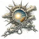 heavenly power breaking chains. With details of clouds and sun rays in the background. tattoo design idea