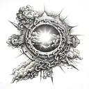 heavenly power breaking chains. With details of clouds and sun rays in the background. tattoo design idea