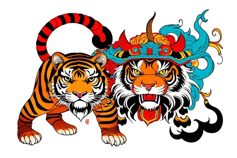 full hand japanese style tattoo with triditional tiger and samurai with oni head color tattoo(lower hand is tiger) tattoo design idea