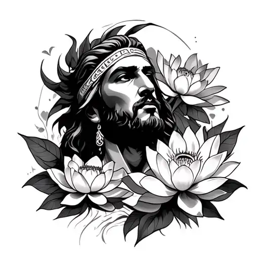 fine line Greek Kairos character surrounded by lotus flowers tattoo design idea
