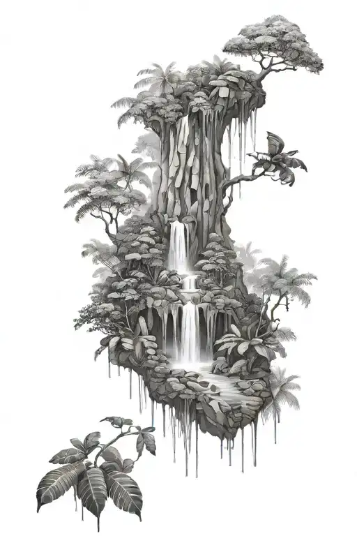 rainforest with waterfalls and a hidden face made tattoo design idea