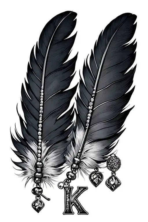 2 feathers tied together at the top with beads and letter k charm tattoo design idea