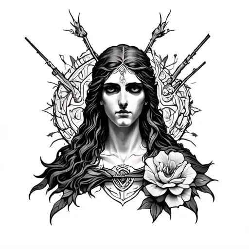 badass alcestis tattoo, masculine design, theme of devotion, loyalty, and love and death. shading, no flowers tattoo design idea