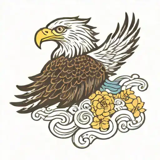 eagle soaring, ocean waves, lotus flower tattoo design idea