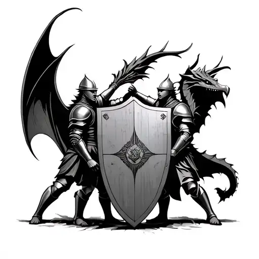 2 knights holding up a shield together to stop a dragon attack tattoo design idea