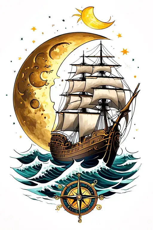 sun , moon, ship sailing, anchor, compass and waves tattoo design idea