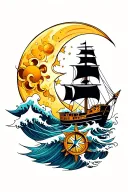 sun , moon, ship sailing, anchor, compass and waves tattoo design idea