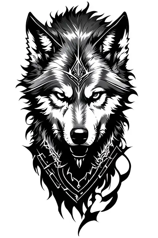combine a muslim man warrior and a wolf,full of scars and despair.design should be loud and bold tattoo design idea