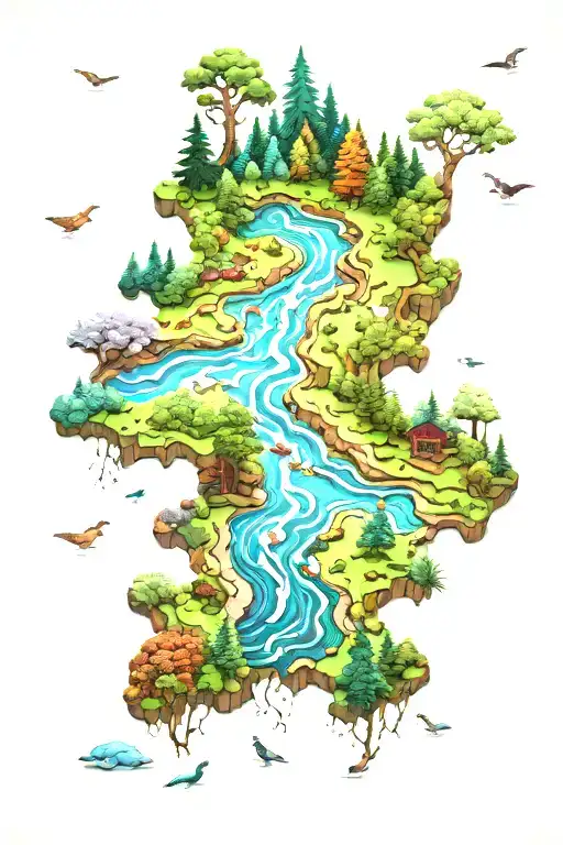 jigsaw puzzle forming a forest with stream splits the mountain tattoo design idea