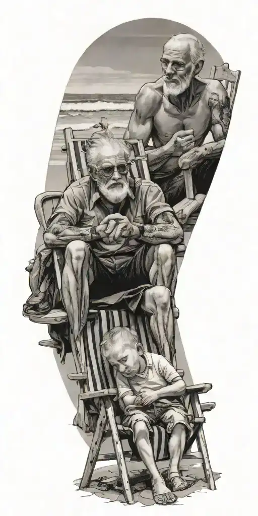 a boy and grandpa sitting on the beach in beach chairs  tattoo design idea