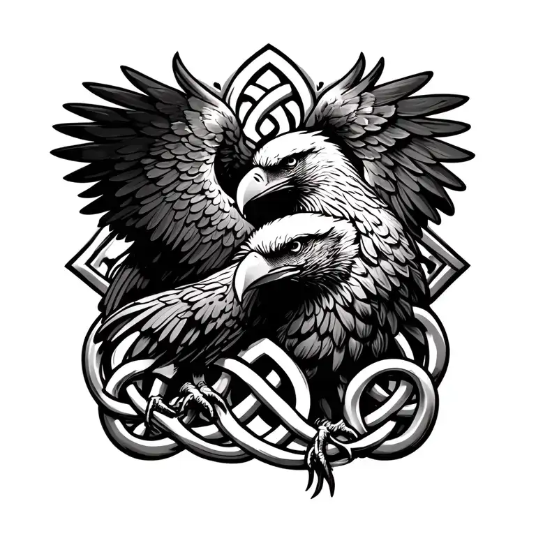 Couples tattoo, Eagle with Celtic Lovers Knot shaped like tattoo design idea