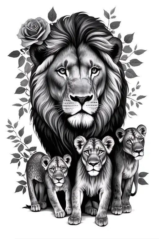 1 king lion with 1 lioness and 1 lioness with 2 cubs with roses tattoo design idea