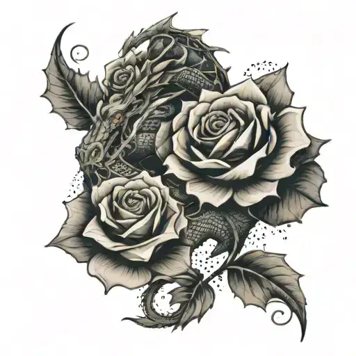 A dragon wrapped around a black rose bush with sad and broken lyrics intertwined tattoo design idea