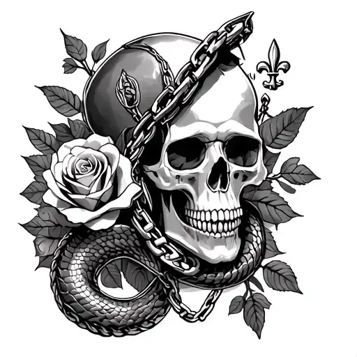 skull, roses, snake,heraldic fleur-de-lis and chains  tattoo design idea