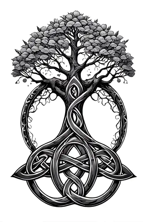 black and grey small celtic tree of life with trinity knot below tattoo design idea