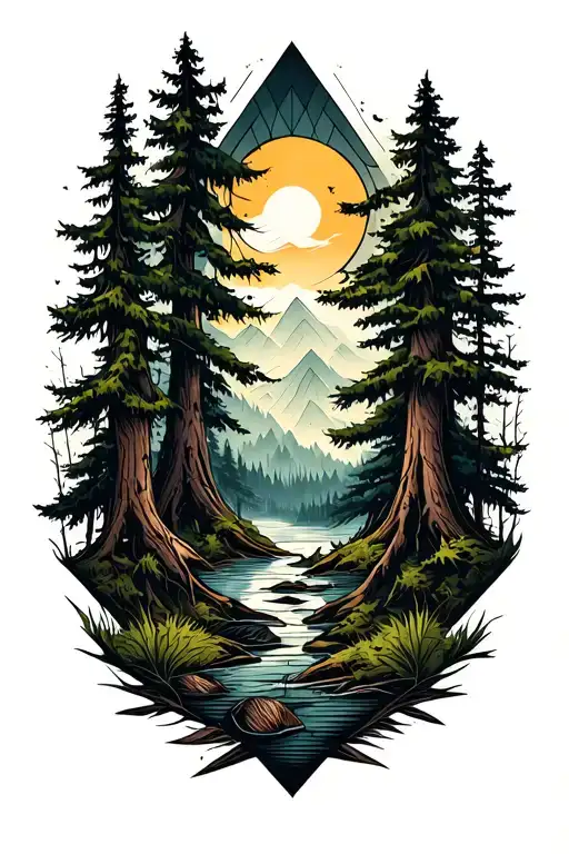 viking sleeve tattoo, forest scene with hidden tattoo design idea