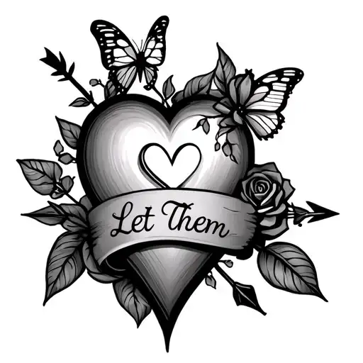 hand tatto design with a heart arrow and butterfly plus a rose for a thum/hand tattoo women with the words let them  tattoo design idea
