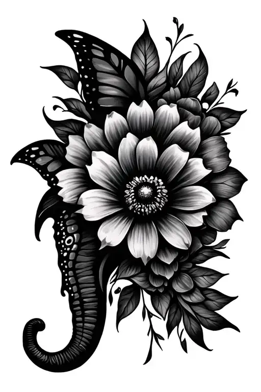 butterfly, flower, elephant head tattoo design idea